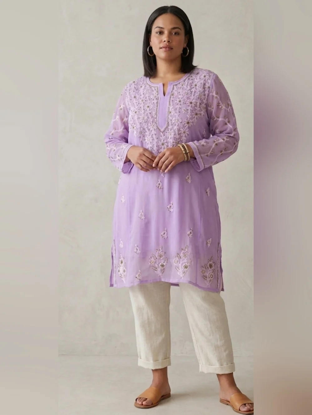 Lucknowi Chikan Hand Embroidered Lilac Sheer Tunic Kurta - Boho Luxe Size 2XL